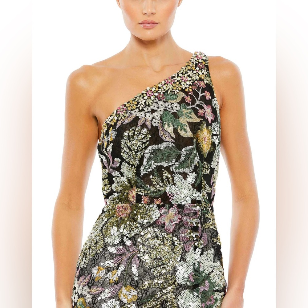 Mac Duggal Floral One-Shoulder Maxi Dress - Green and Gold - Picture 3 of 7